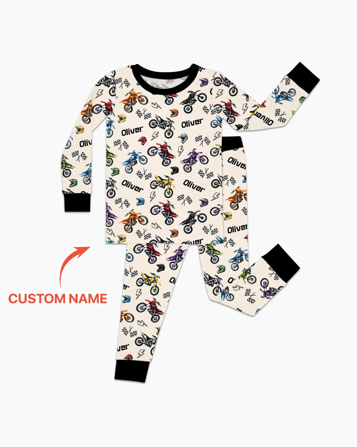 Custom Name Little Dirt Bike Rider Bamboo Two Piece Long Sleeve Pajama Set