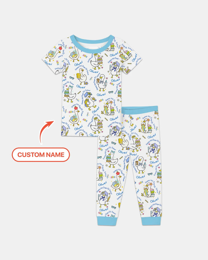 Custom Name Goose Happy 100 Days Of School Two Piece Short Sleeve Pajama Set