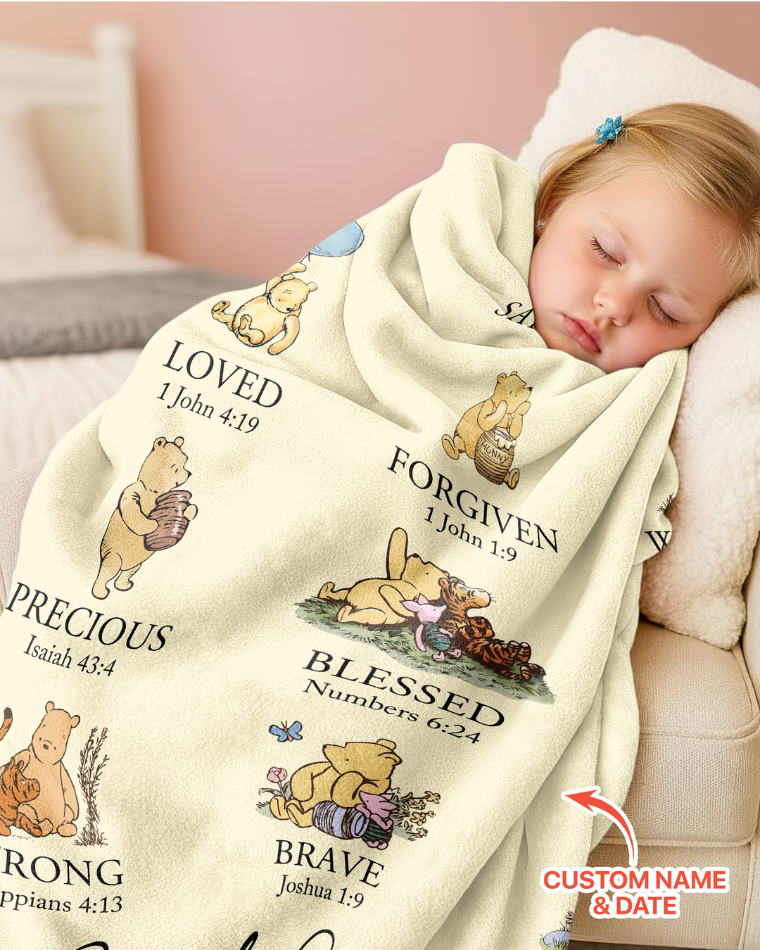 Personalized Baptism Classic Bear Bible Verses Bamboo Blanket