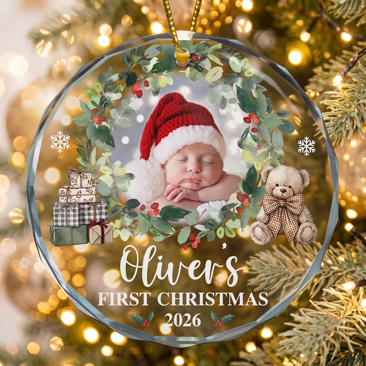 Baby First Christmas Custom Photo For New Mom, Dad, 1st Parents Glass Ornament