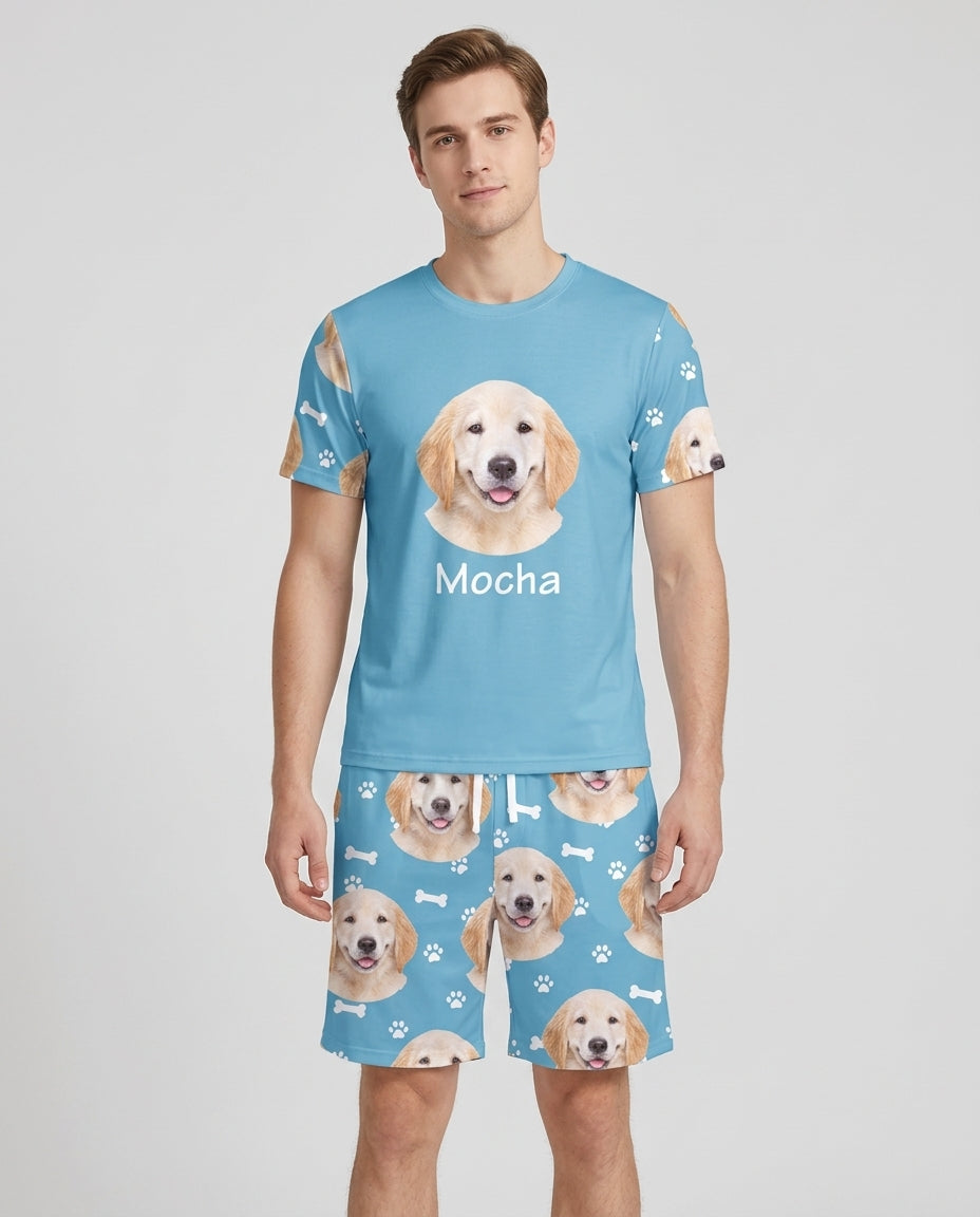 Custom Photo Pet Faces Pajamas Bamboo Men Short Sleeve Short Pajama Set