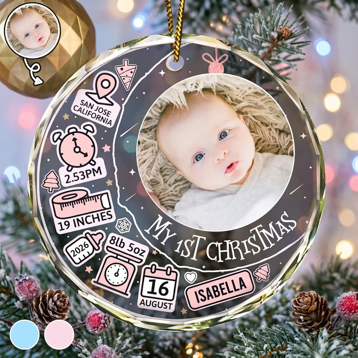 Custom Photo Baby First Christmas Information Icon Glass Ornament
