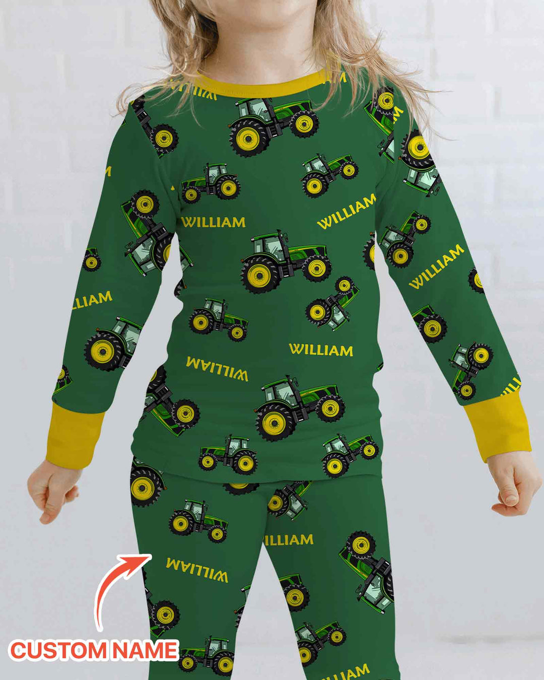 Conjunto de pijama de dos piezas de bambú de manga larga para papá y yo con tractores verdes y nombre personalizado