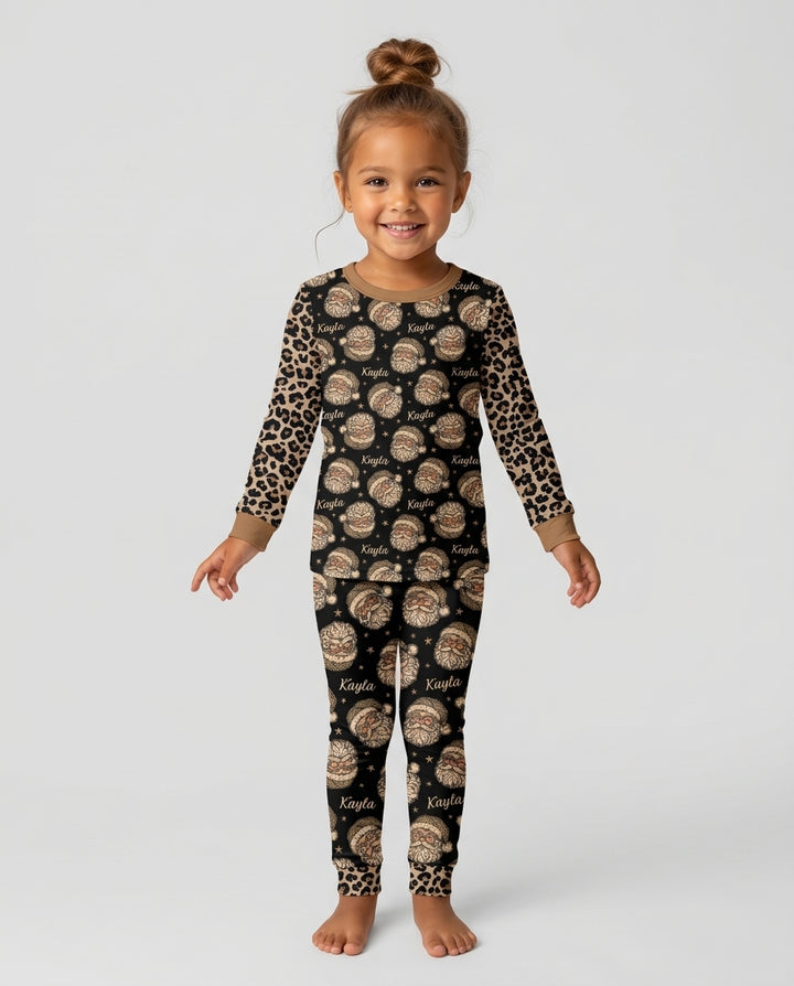 Custom Name Vintage Leopard Santa Bamboo Two Piece Long Sleeve Pajama Set
