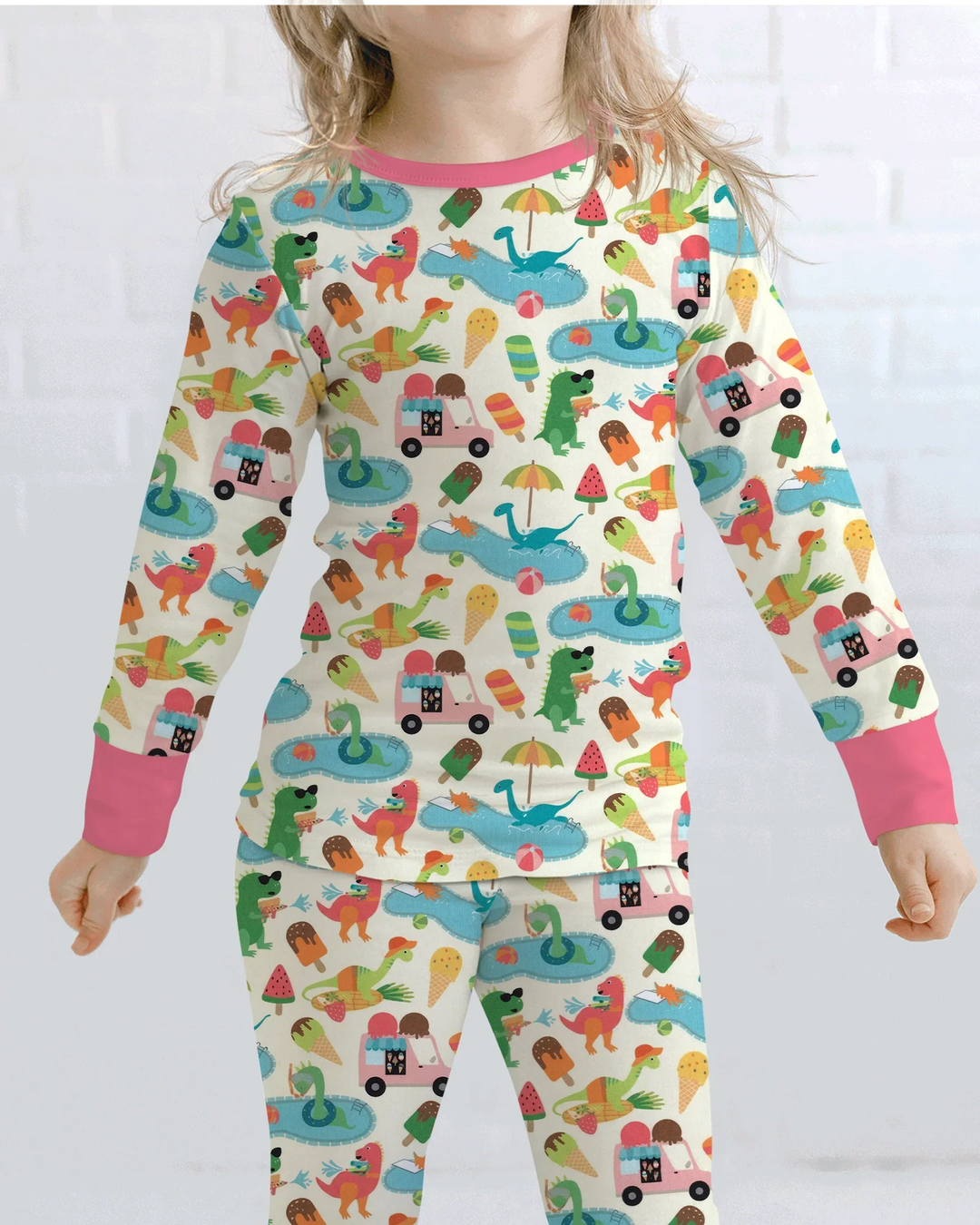 Conjunto de Pijama de Dos Piezas de Bambú de Manga Larga Dino Summer Splash