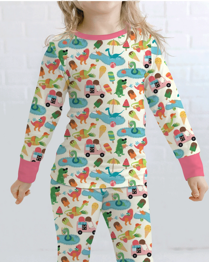 Conjunto de Pijama de Dos Piezas de Bambú de Manga Larga Dino Summer Splash