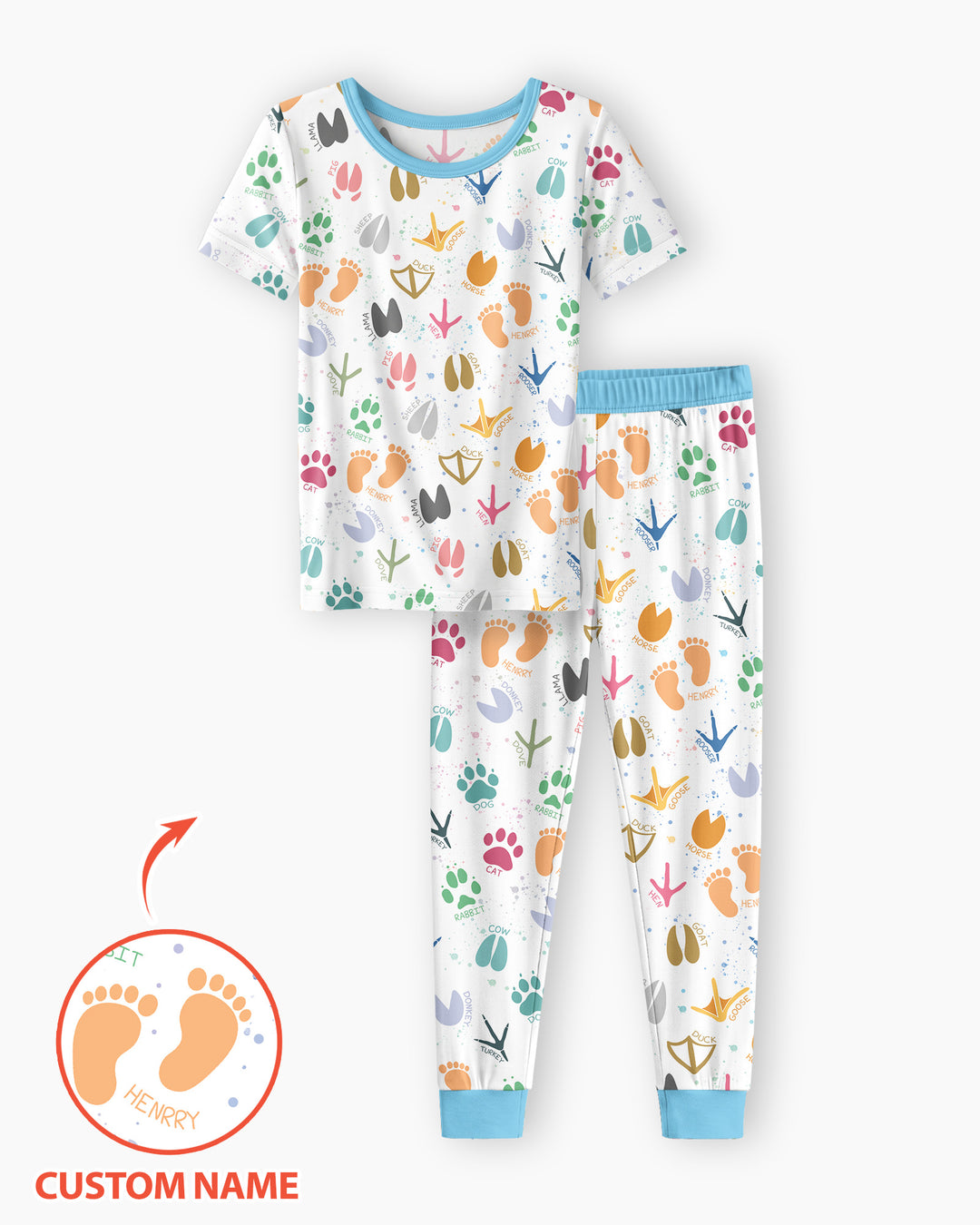 Cute Farm Animal Tracks Custom Name Bamboo Two Piece Short Sleeve Pajama Set