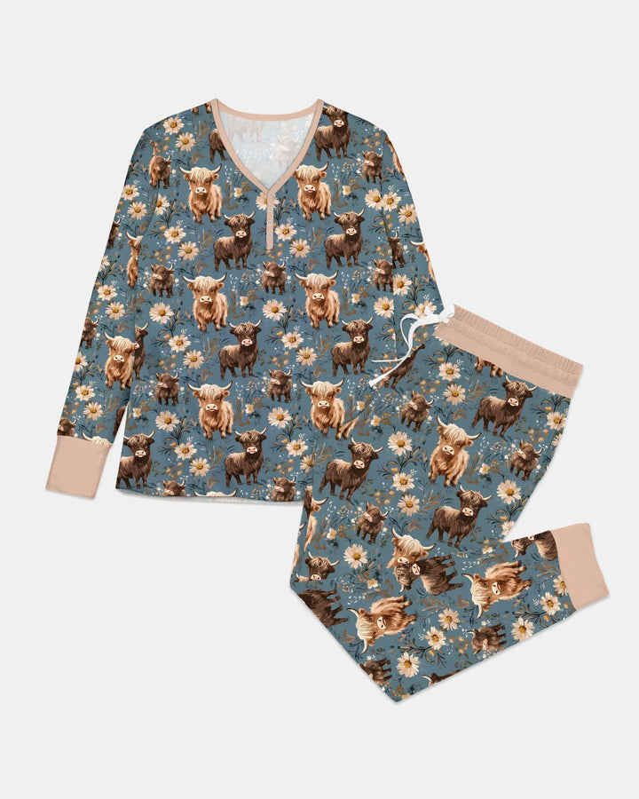 Conjunto de Pijama de Bambú a Juego para Mujer de la Familia de Majestuosas Vacas de las Tierras Altas