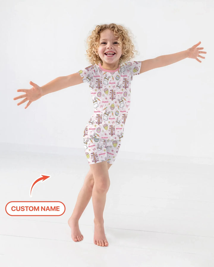 Custom Name Retro Easter Two Piece Short Sleeve Shorts Pajama Set