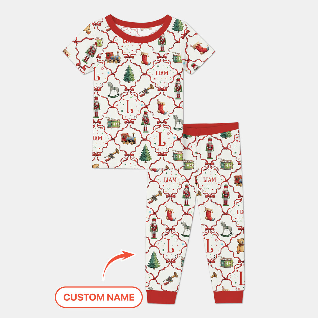 Vintage Christmas Toy Custom Name Boy Two Piece Short Sleeve Pajama Set , Vintage Christmas Toy Custom Name Boy Two Piece Short Sleeve Pajama Set - 12-18M