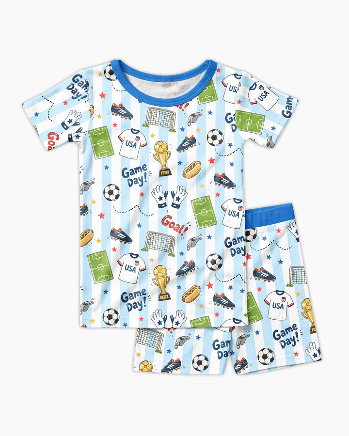 Striped Soccer Game Day Family Matching Bamboo Two Piece Short Sleeve Shorts Pajama Set