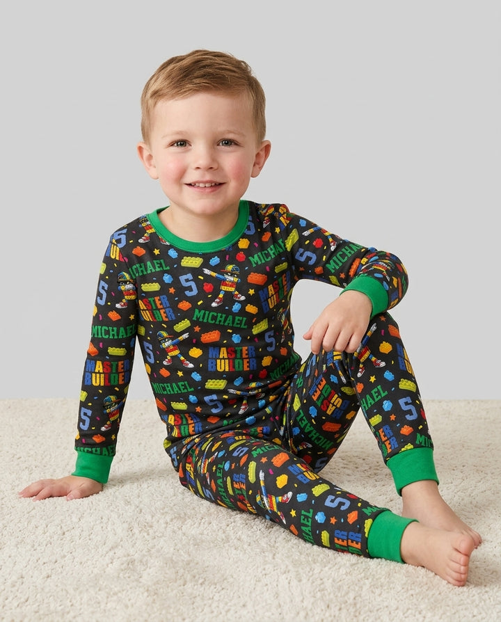 Custom Name and Age Master Builder Birthday Bamboo Two Piece Long Sleeve Pajama Set