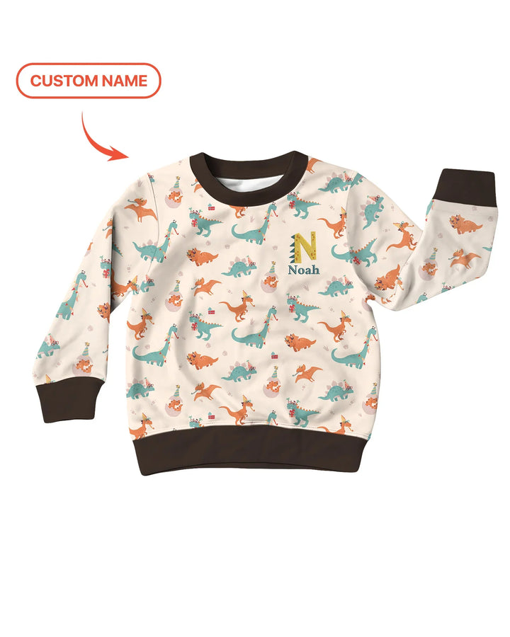 Sudadera de cuello redondo de bambú con nombre bordado personalizado y dinosaurios