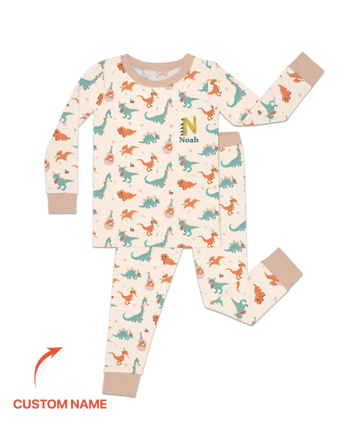 Pijama de dos piezas de bambú con nombre bordado personalizado de dinosaurios y manga larga