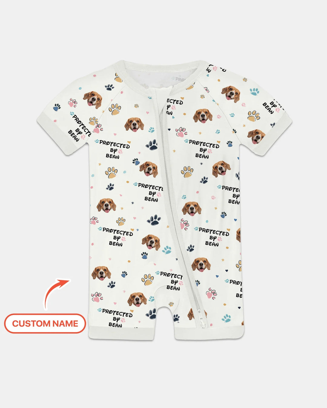 Custom Dog Photo Pattern "Protected By" Shorty Zippered Romper