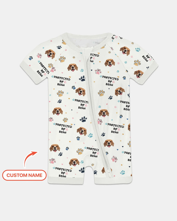 Custom Dog Photo Pattern "Protected By" Shorty Zippered Romper