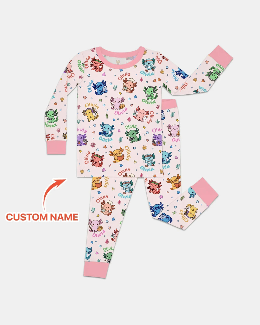 Custom Name Cute Hobby Axolotl Two Piece Long Sleeve Pajama Set
