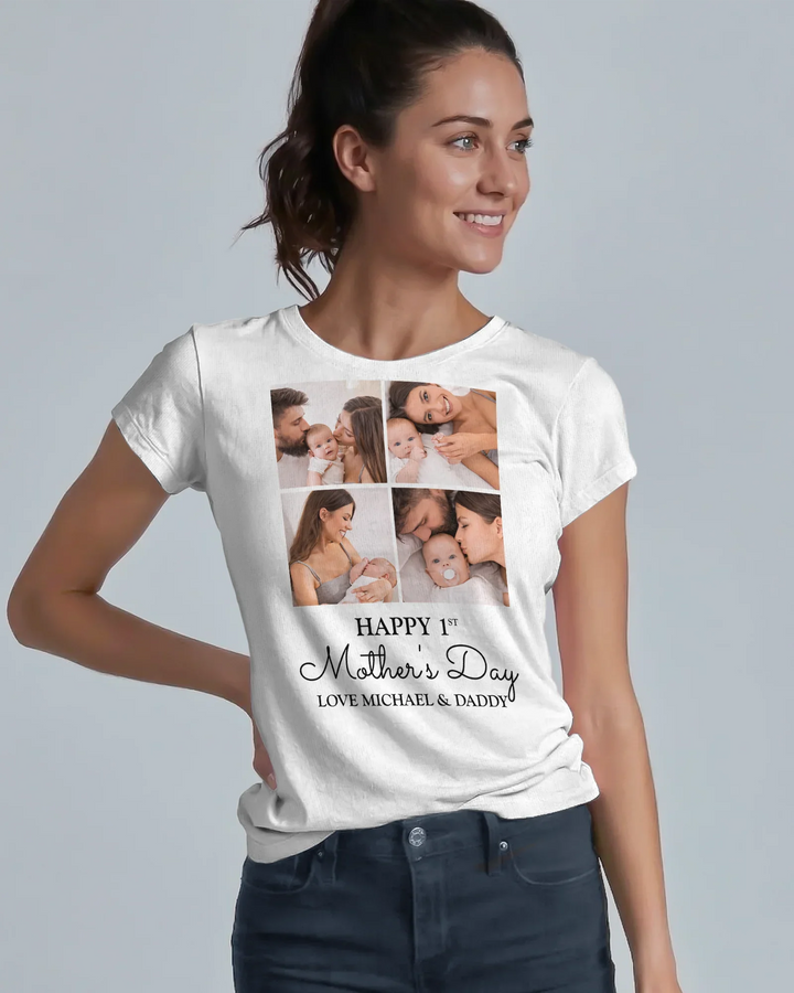 Camiseta de mujer personalizada con collage de fotos "Primera celebración del Día de la Madre para mamá primeriza"