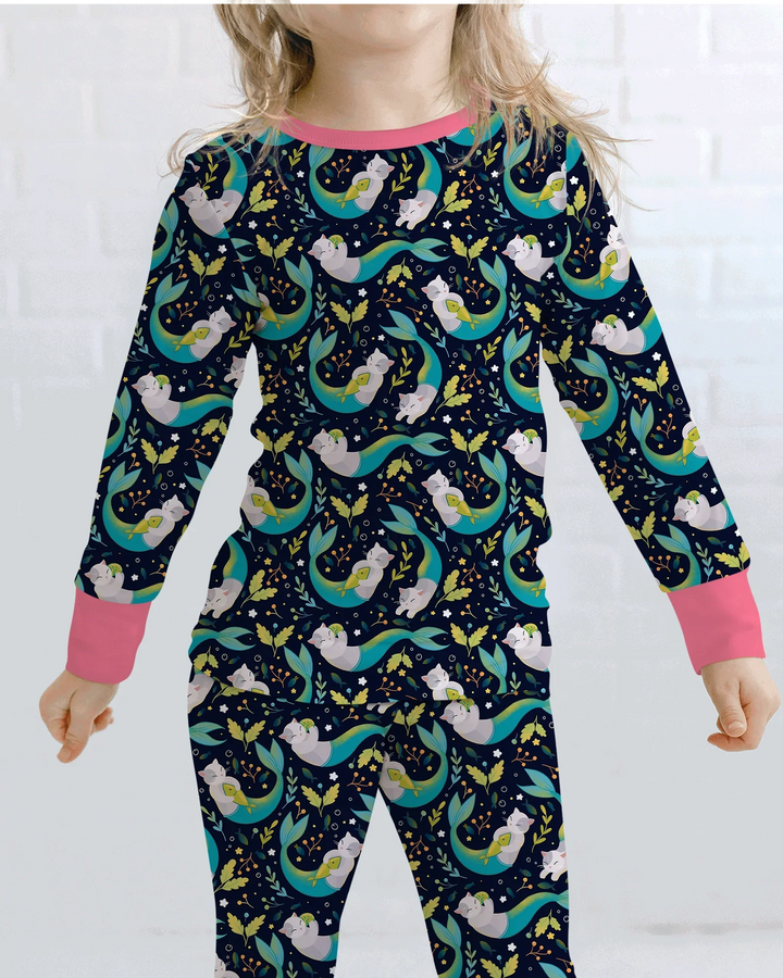 Pijama de dos piezas de bambú de manga larga Midnight Mermaid Cats
