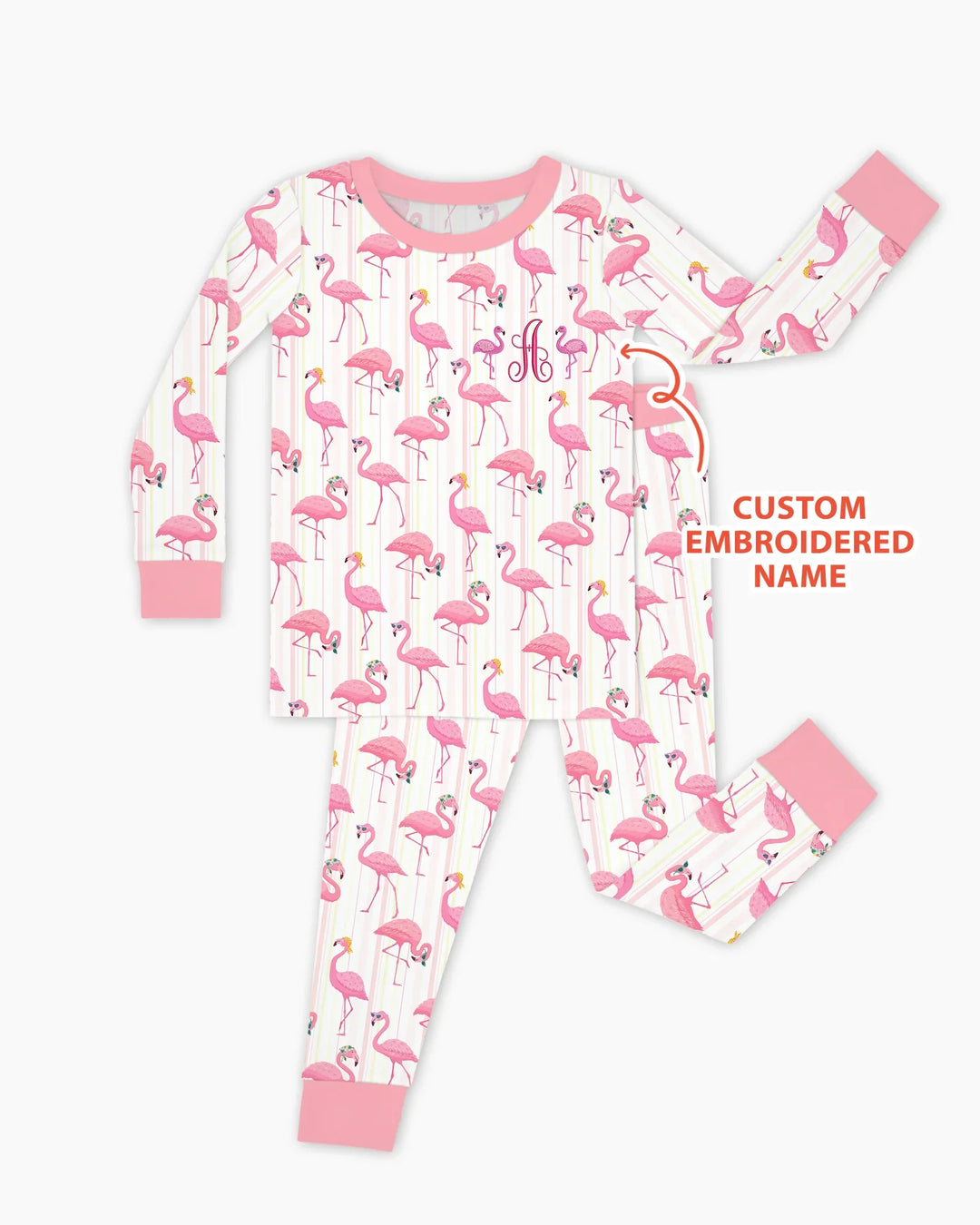 Custom Name Embroidered Flamingo Bamboo Two Piece Long Sleeve Pajama Set