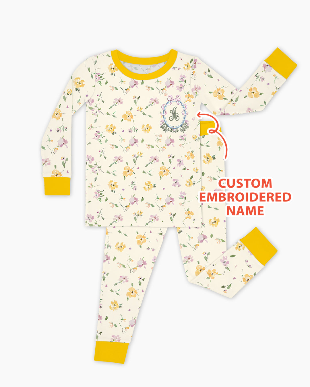 Custom Embroidered Name Floral Bamboo Two Piece Long Sleeve Pajama Set