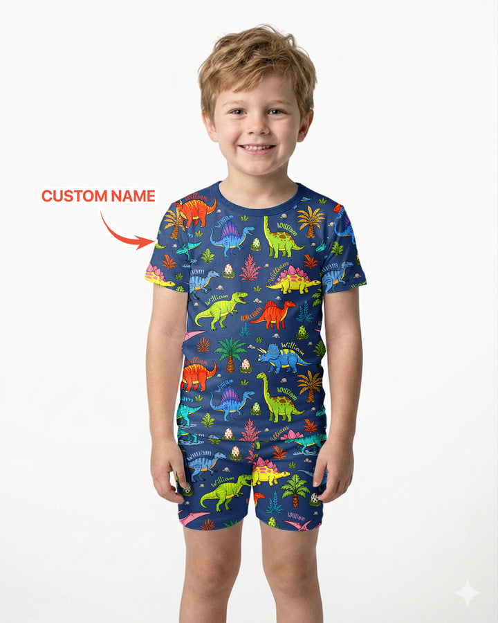 Dino Field Guide Custom Name Bamboo Two Piece Short Sleeve Shorts Pajama Set