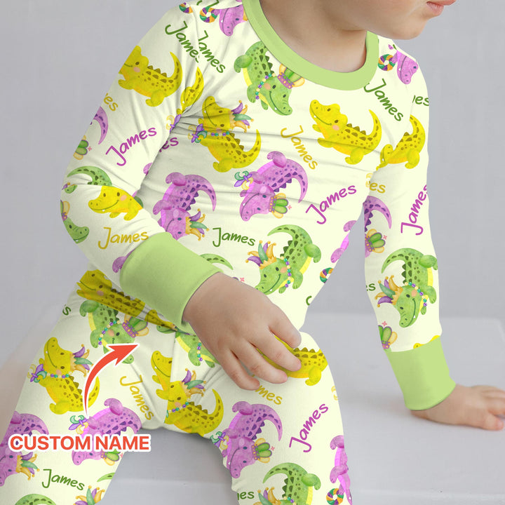Custom Name Mardi Gras Alligator Two Piece Long Sleeve Pajama Set