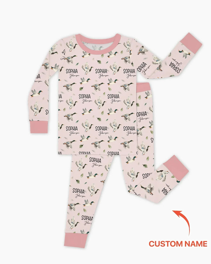 Pijama de dos piezas de bambú de manga larga para bebé con nombre personalizado, diseño de pato ánade real