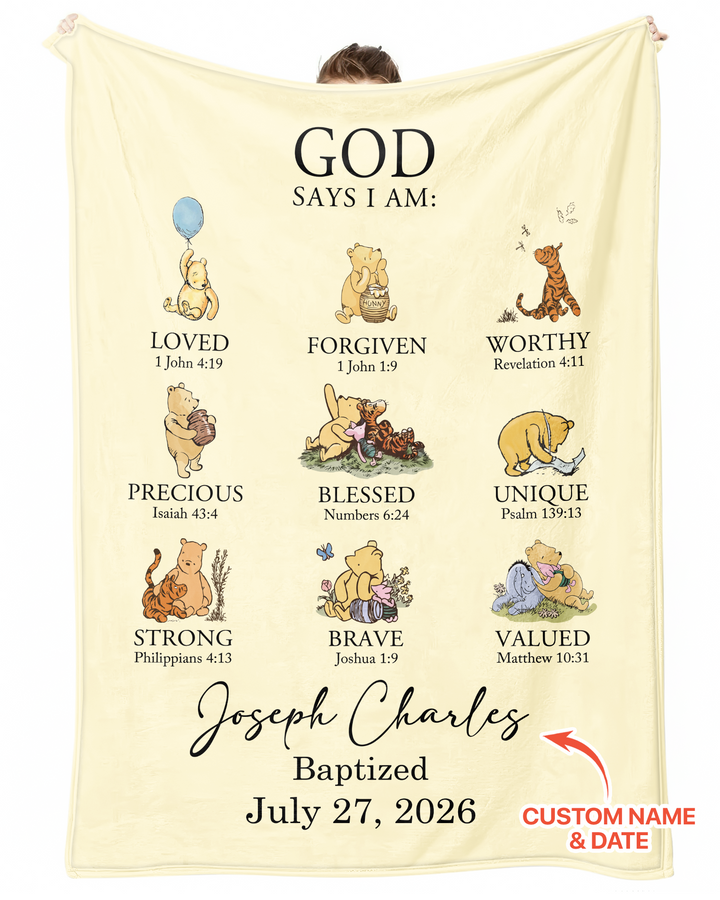 Personalized Baptism Classic Bear Bible Verses Bamboo Blanket