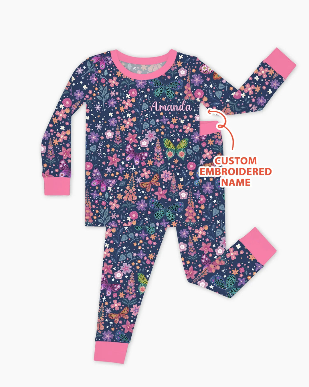 Custom Name Embroidered Colorful Butterfly Bamboo Two Piece Long Sleeve Pajama Set