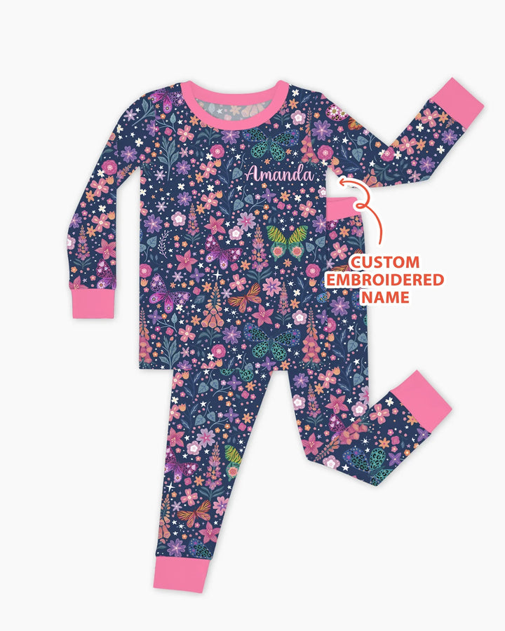 Custom Name Embroidered Colorful Butterfly Bamboo Two Piece Long Sleeve Pajama Set