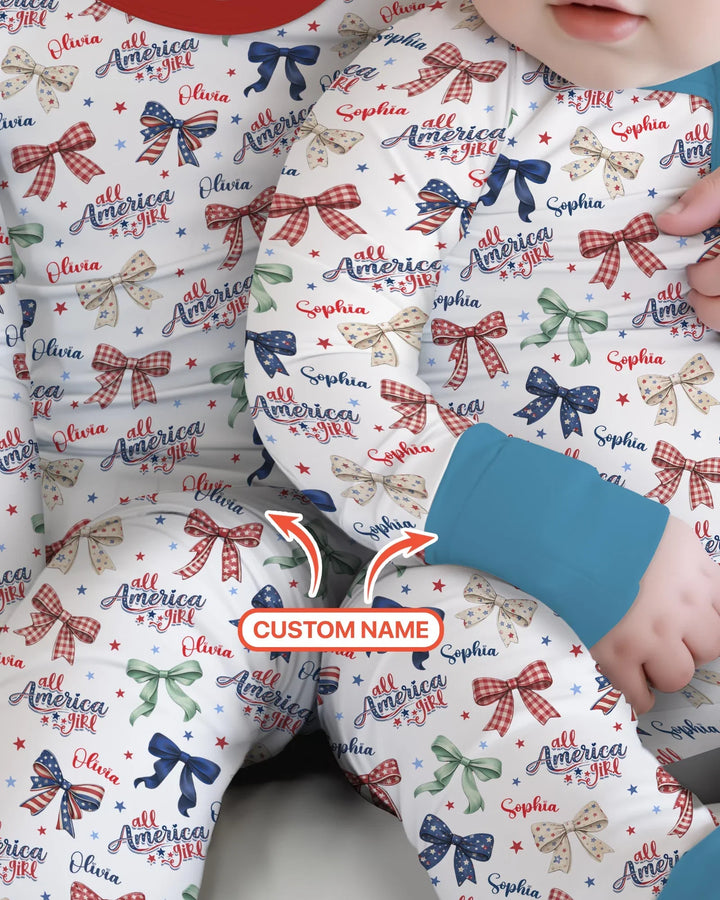 Custom Name All American Girl Bamboo Two Piece Long Sleeve Pajama Set