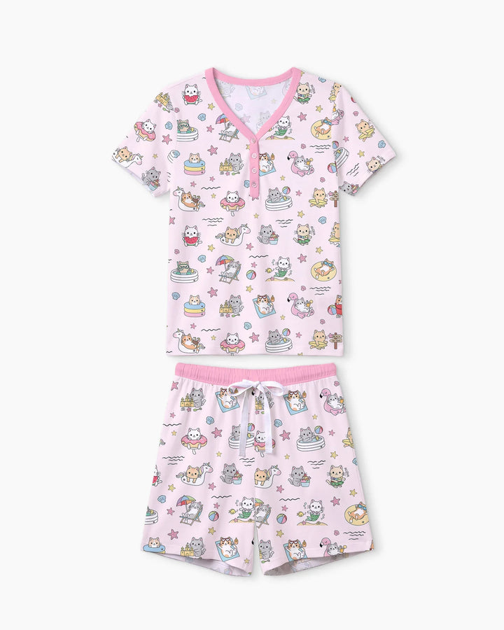 Kawaii Cats Summer Vacation Bamboo Women Short Sleeve Short Pajama Set