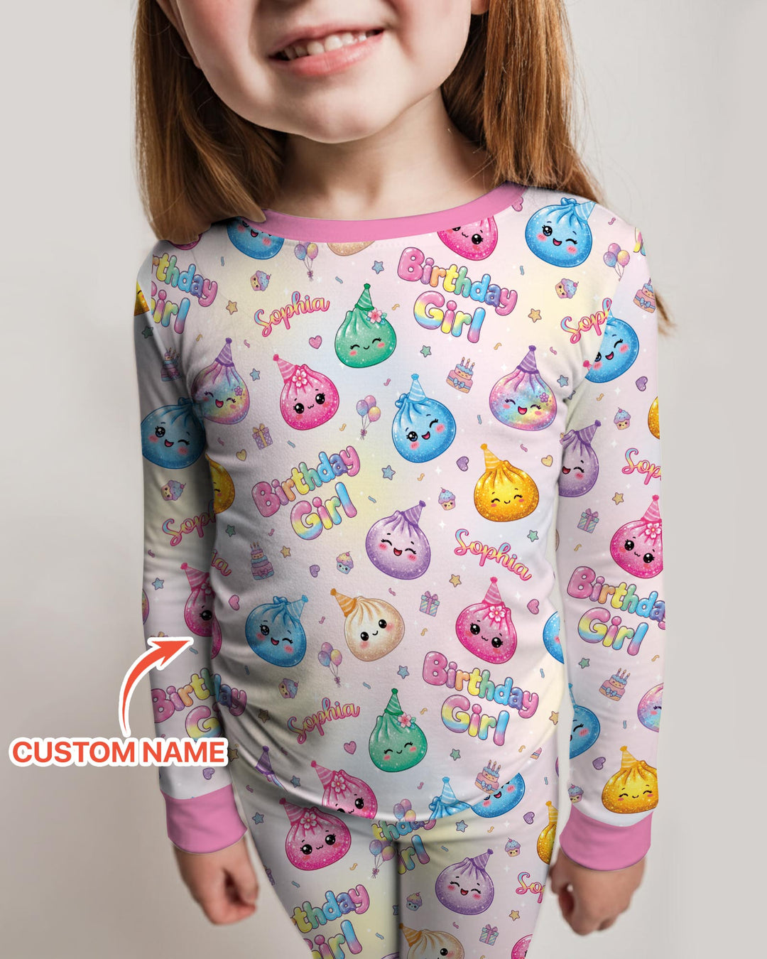 Custom Name Glitter Dumpling Birthday Girl Bamboo Two Piece Long Sleeve Pajama Set