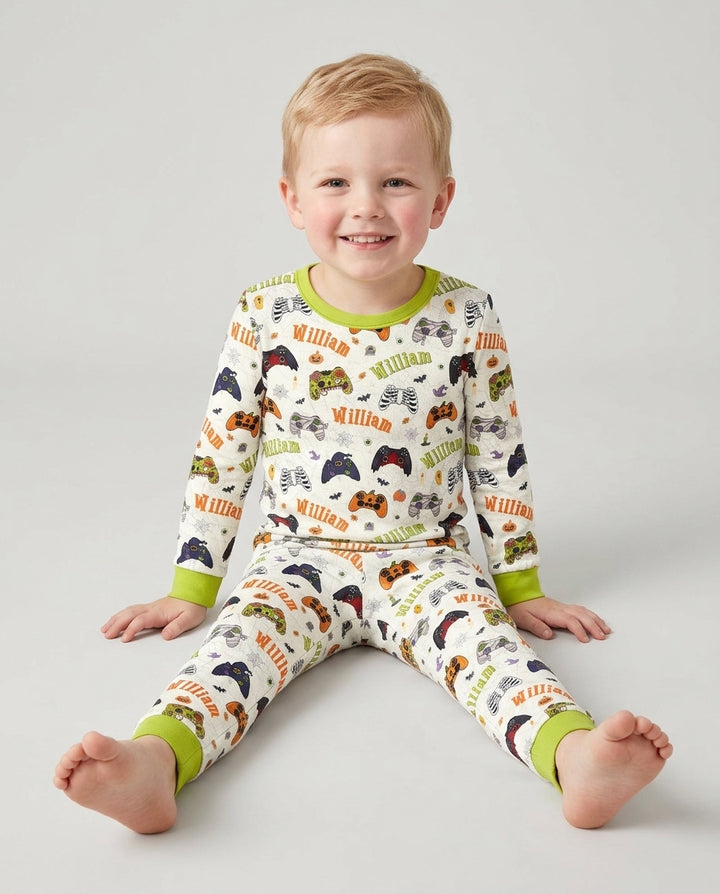 Custom Name Halloween Gaming Controllers Bamboo Two Piece Long Sleeve Pajama Set