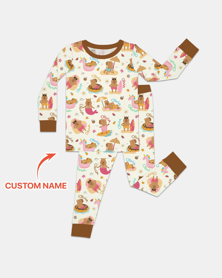 Don't Worry, Be Capy Custom Name Bamboo Two Piece Long Sleeve Pajama Set