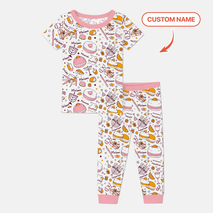 Happy Hanukkah Doodles Custom Name Family Matching Two Piece Short Sleeve Pajama Set
