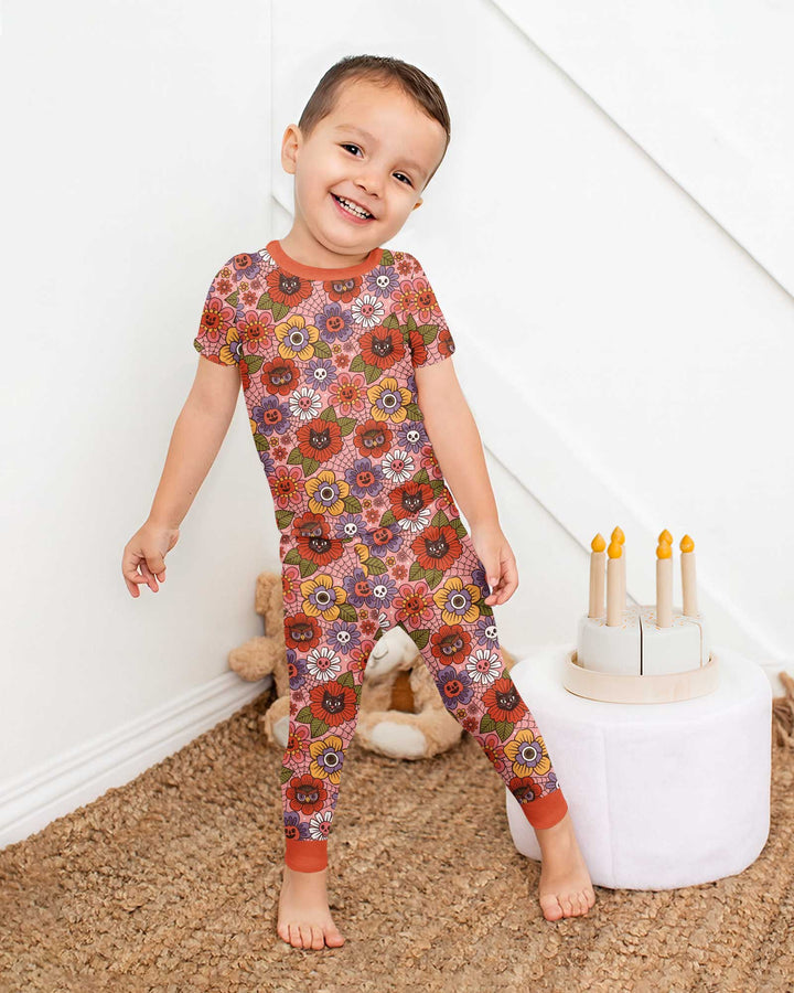 70s Halloween Floral Bamboo Two Piece Short Sleeve Pajama Set