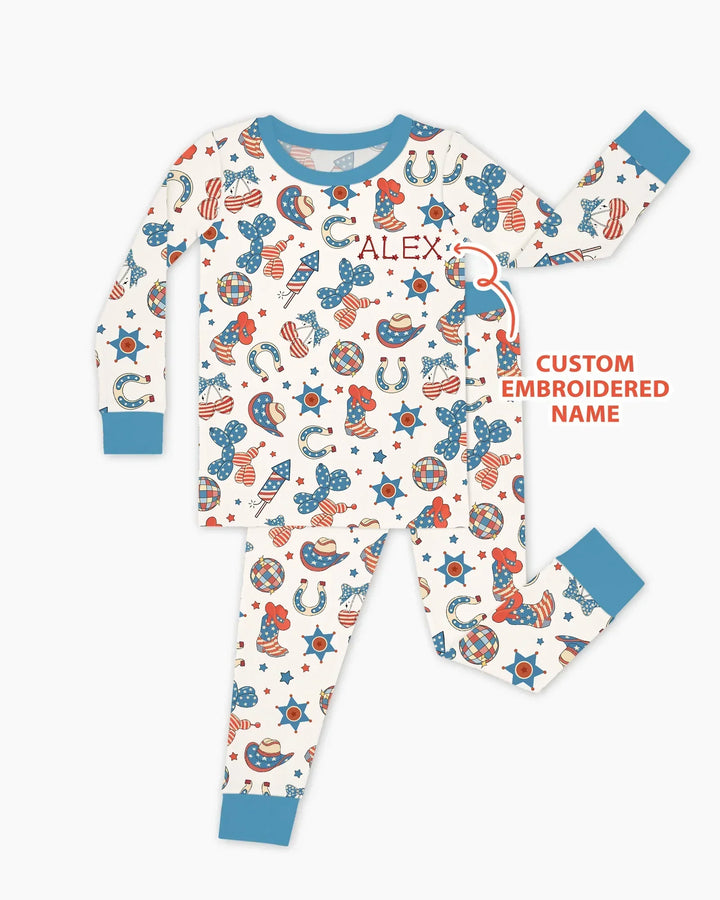 Custom Name Embroidered Howdy 4th Of July Bamboo Two Piece Long Sleeve Pajama Set