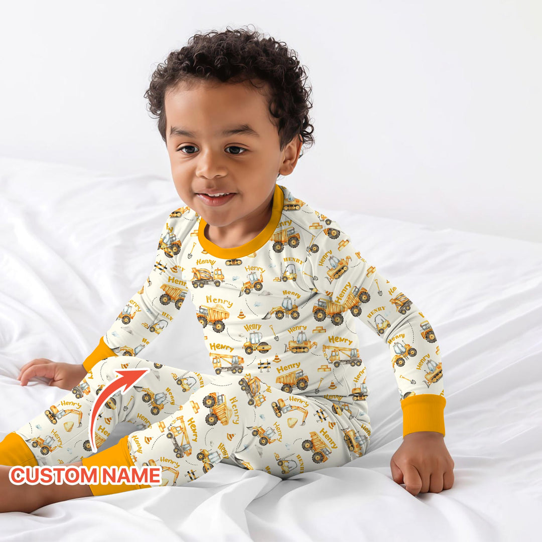 Constructions Machines Custom Name Two Piece Long Sleeve Pajama Set