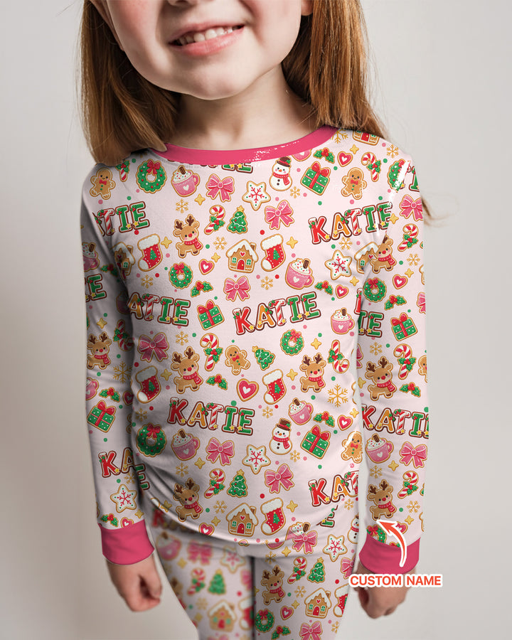Pink GingerBread Custom Name Bamboo Two Piece Long Sleeve Pajama Set