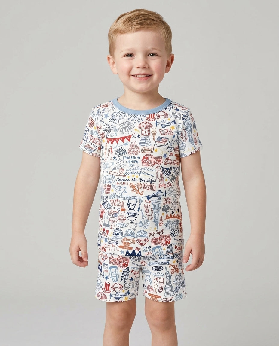 Liberty Doodle 250th Family Matching Bamboo Two Piece Short Sleeve Shorts Pajama Set