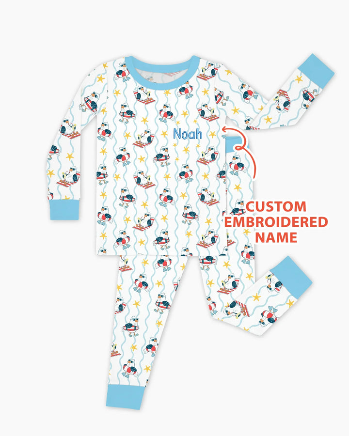 Conjunto de pijama de dos piezas personalizado bordado de bambú para bebé con gaviota veraniega y manga larga