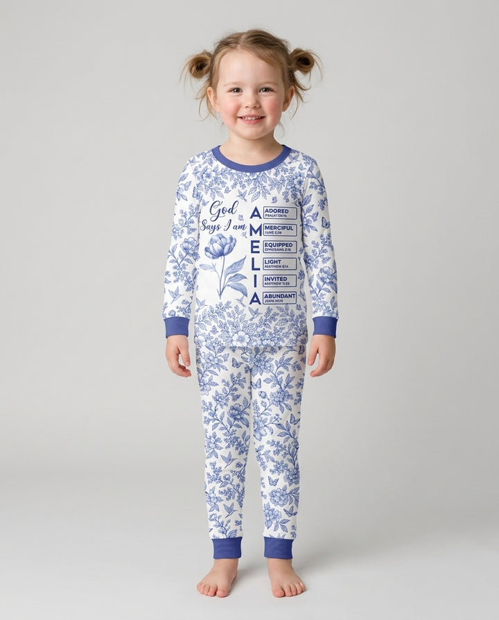 God Says I Am Letter In Bible Birth Flower Toile De Jouy  Bamboo Two Piece Long Sleeve Pajama Set