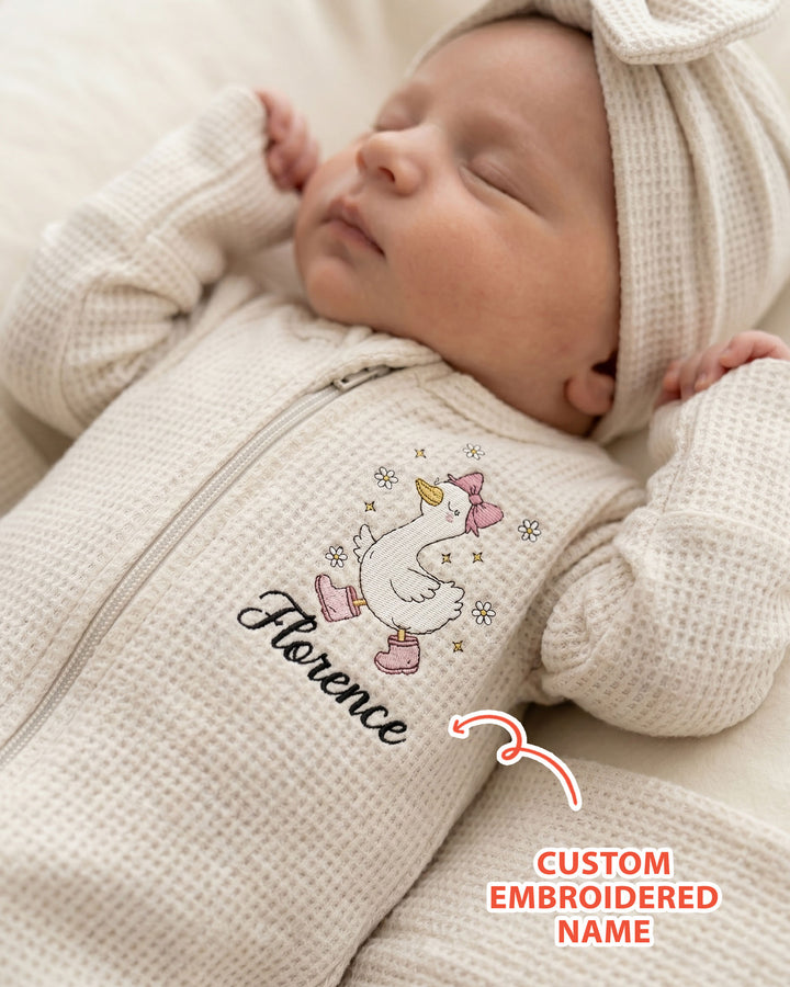 Personalized Dilly Dally Embroidered Waffle Bamboo Zipper Footie