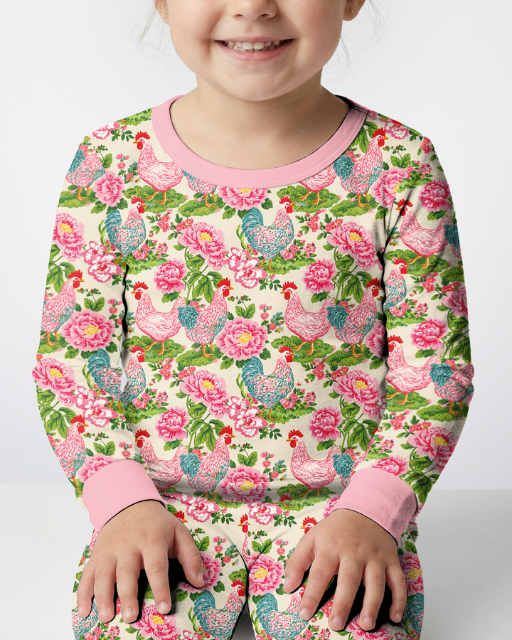 Chicken and Peony Mommy And Me Matching Bamboo Two Piece Long Sleeve Pajama Set