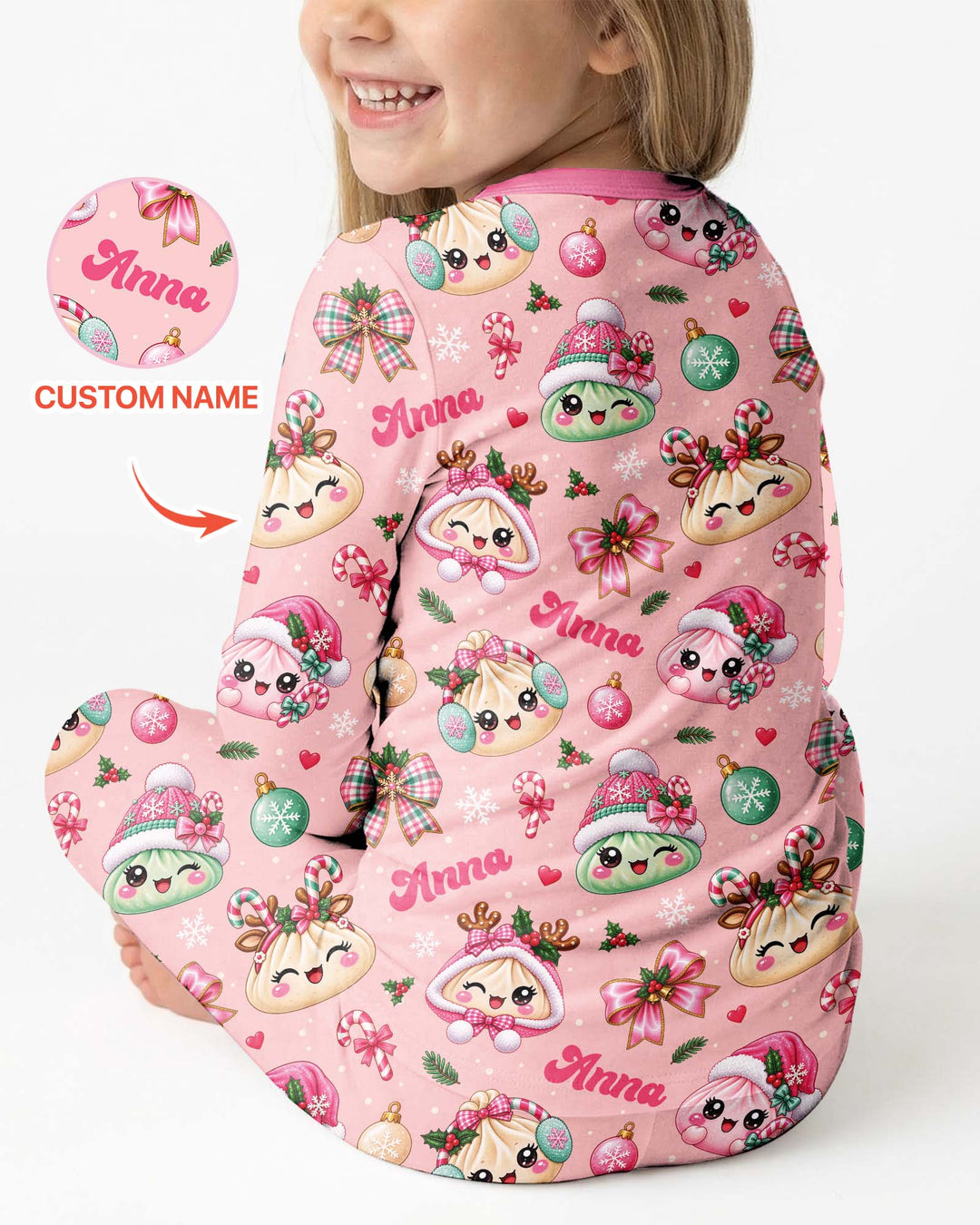 Custom Name Kawaii Christmas Dumpling Bamboo Two Piece Long Sleeve Pajama Set