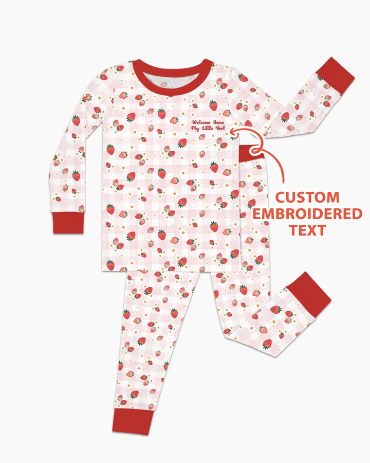 Conjunto de pijama de dos piezas de bambú con bordado de fresas y texto personalizado de manga larga