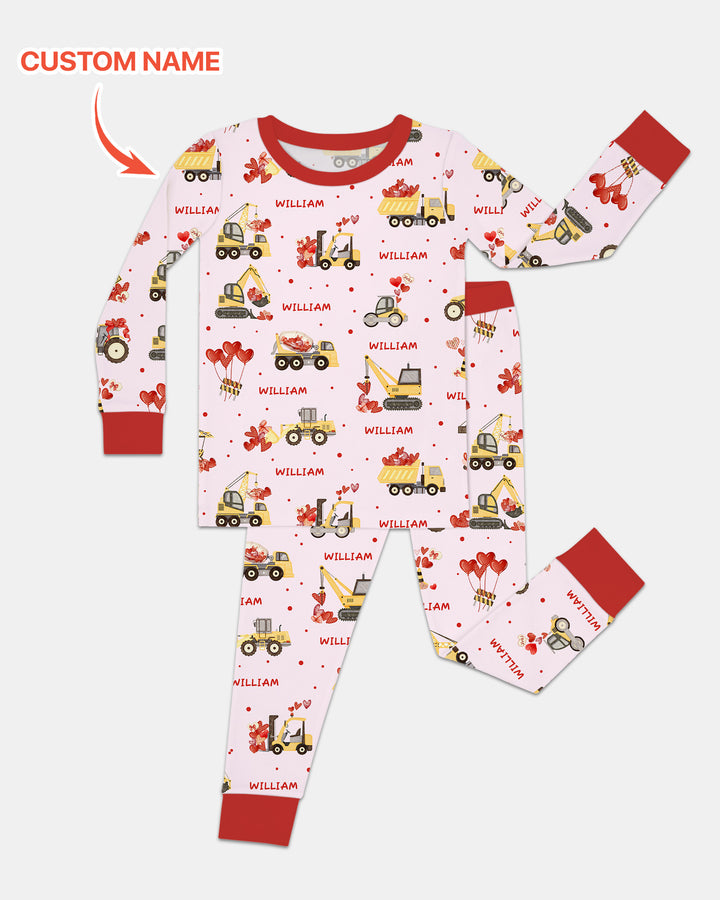 Custom Name Valentine Trucks Family Matching Two Piece Long Sleeve Pajama Set