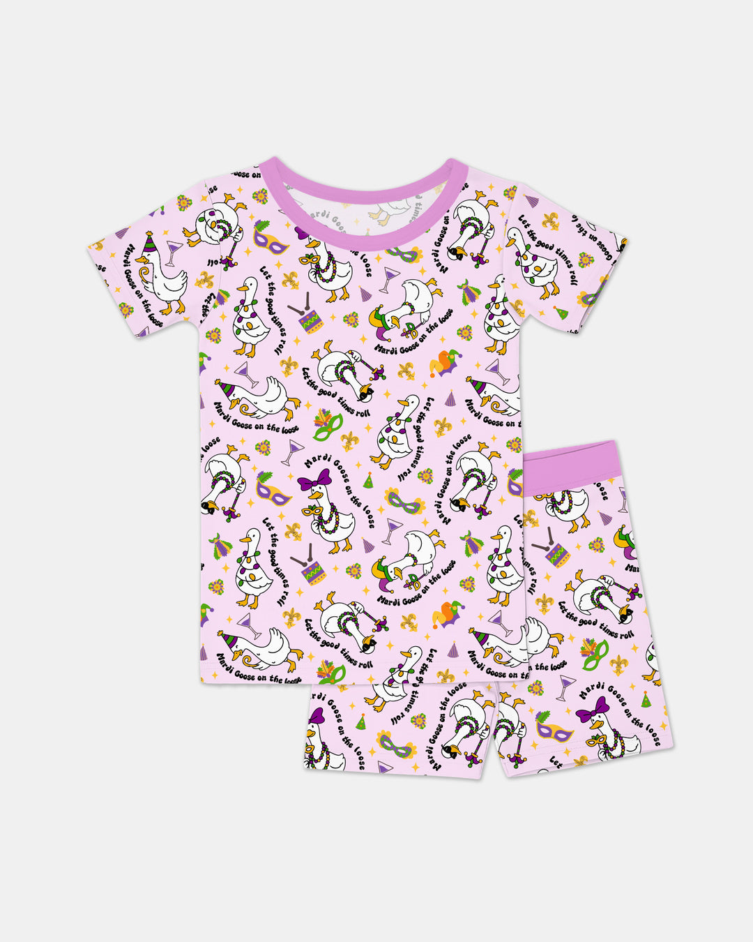 Mardi Gras Silly Goose Two Piece Short Sleeve Shorts Pajama Set